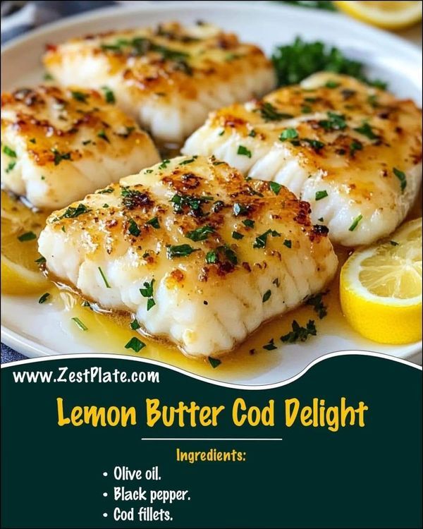 lemon butter god delight is served on a white plate with lemon slices and parsley