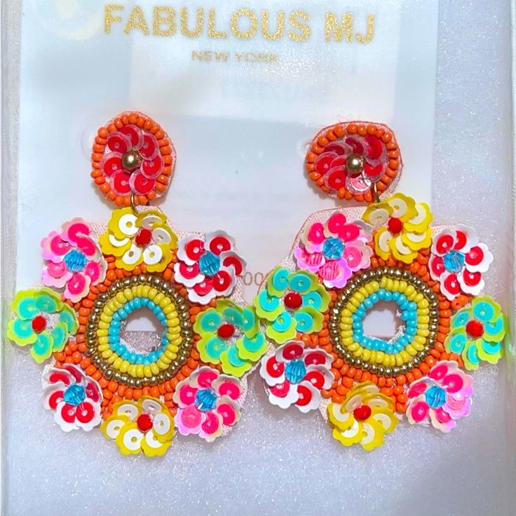 New, Never Worn. Excellent Condition. Very Light Weight Multicolor Beaded Earrings For Vacation, Multicolor Flower Jewelry For Summer, Multicolor Beaded Earrings For Summer Vacation, Fun Multicolor Spring Jewelry, Colorful Beads Jewelry For Vacation In Spring, Colorful Beaded Jewelry For Spring Beach Occasions, Colorful Beaded Jewelry For Beach In Spring, Spring Beach Jewelry With Colorful Beads, Trendy Multicolor Beaded Earrings For Summer