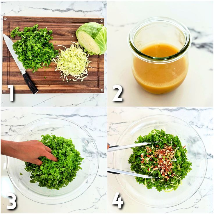 four pictures showing how to make a kale salad