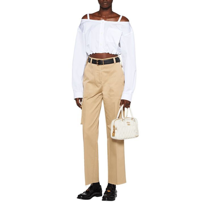 Miu Miu chino pants with cargo pockets and embroidered back logo High rise Side slip pockets; back flap-buttoned pockets Flat front Straight leg Full length Raw edge hem Button/zip fly; belt loops Cotton Dry clean Made in Italy Miu Miu Cotton Bottoms For Spring, Miu Miu Spring Bottoms With Pockets, Casual Miu Miu Bottoms With Pockets, Miu Miu Spring Workwear Bottoms, Chic Miu Miu Spring Bottoms, Chic Miu Miu Bottoms For Spring, Chic Spring Bottoms By Miu Miu, Cargo Style Chinos For Work, Ankle-length Cargo Pants With Belt Loops For Work