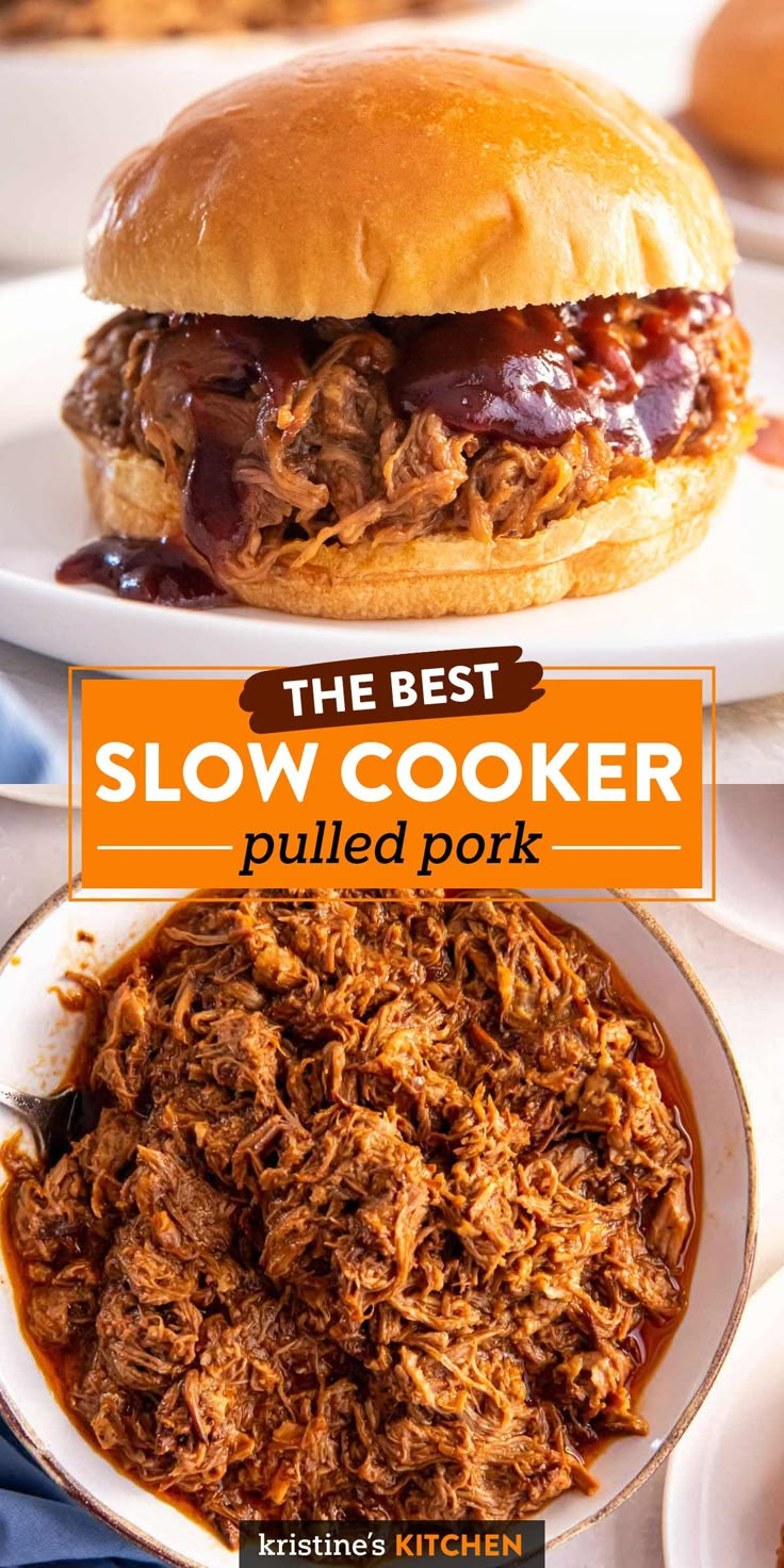 the best slow cooker pulled pork recipe on a white plate next to a bowl of bbq sauce