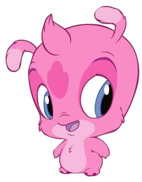 a pink cartoon character with big blue eyes