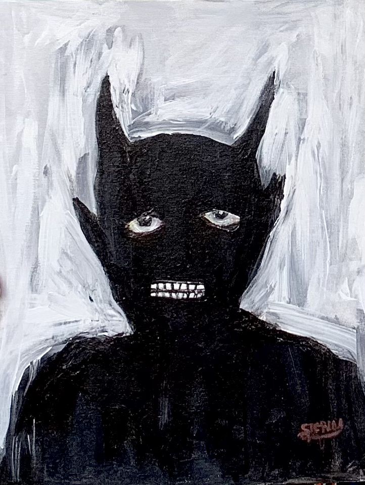 a painting of a black cat with fangs on it's face