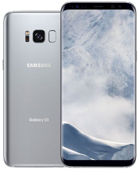 the new samsung galaxy s8 is shown in silver and has an image of snow covered mountains