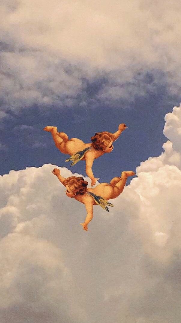 three cherubs floating in the sky with clouds behind them on a cloudy day