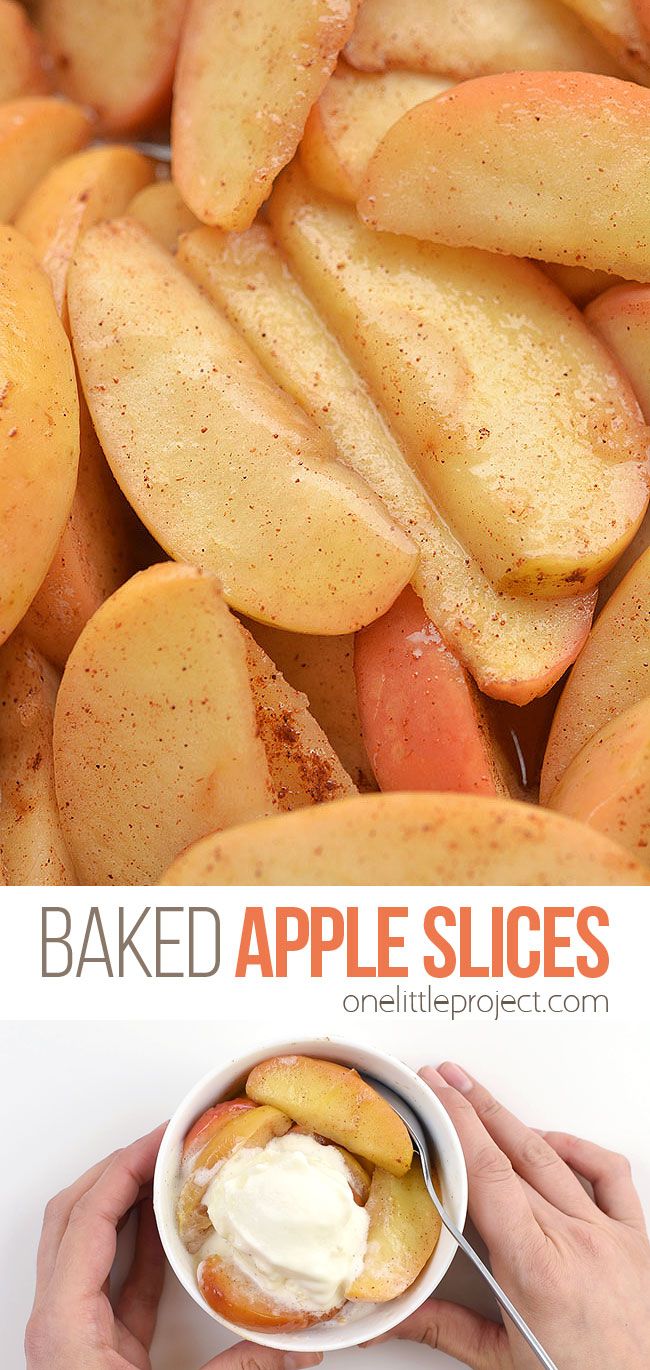 baked apple slices in a bowl with whipped cream on top and hands holding a spoon