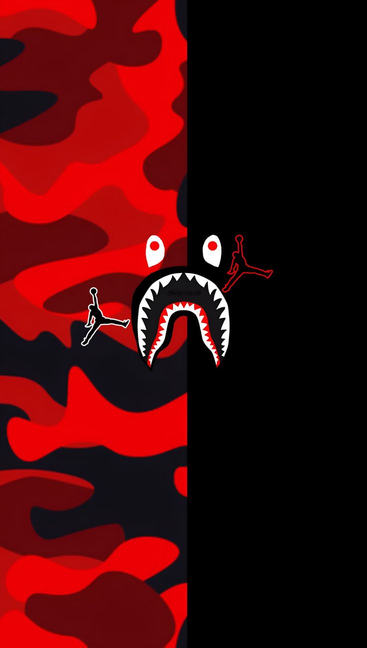 a red and black background with an image of a shark