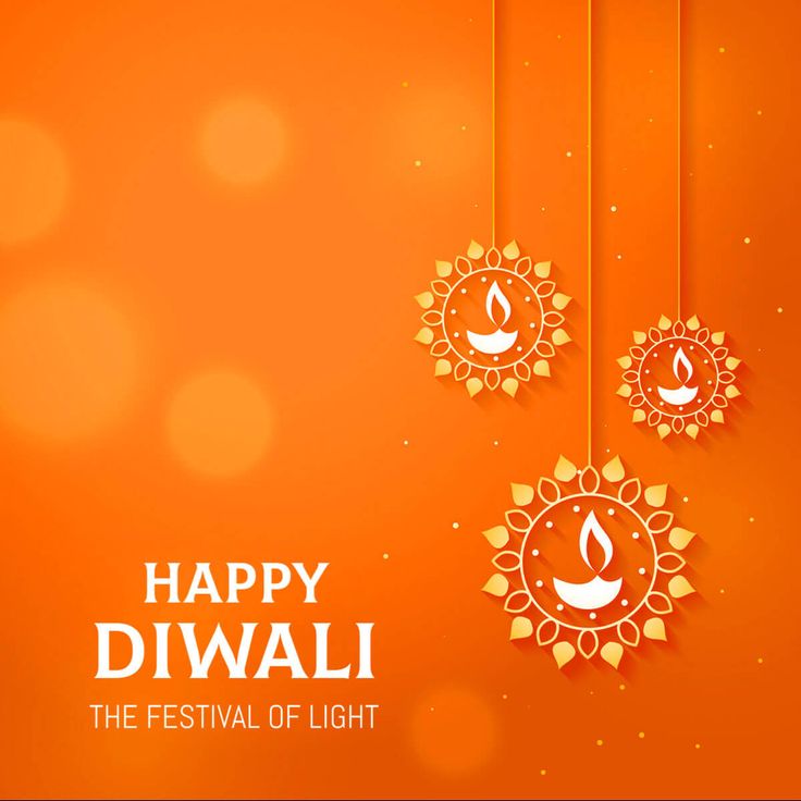 happy diwali greeting card with hanging decorations on an orange background and boket lights