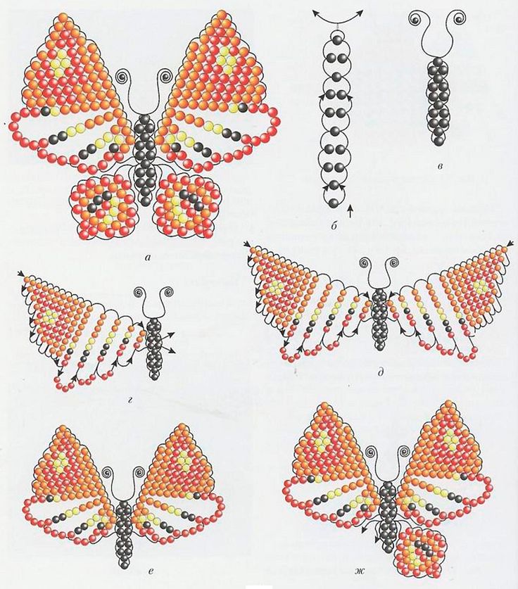 cross - stitch butterflies are shown in different colors and sizes, with beads on them