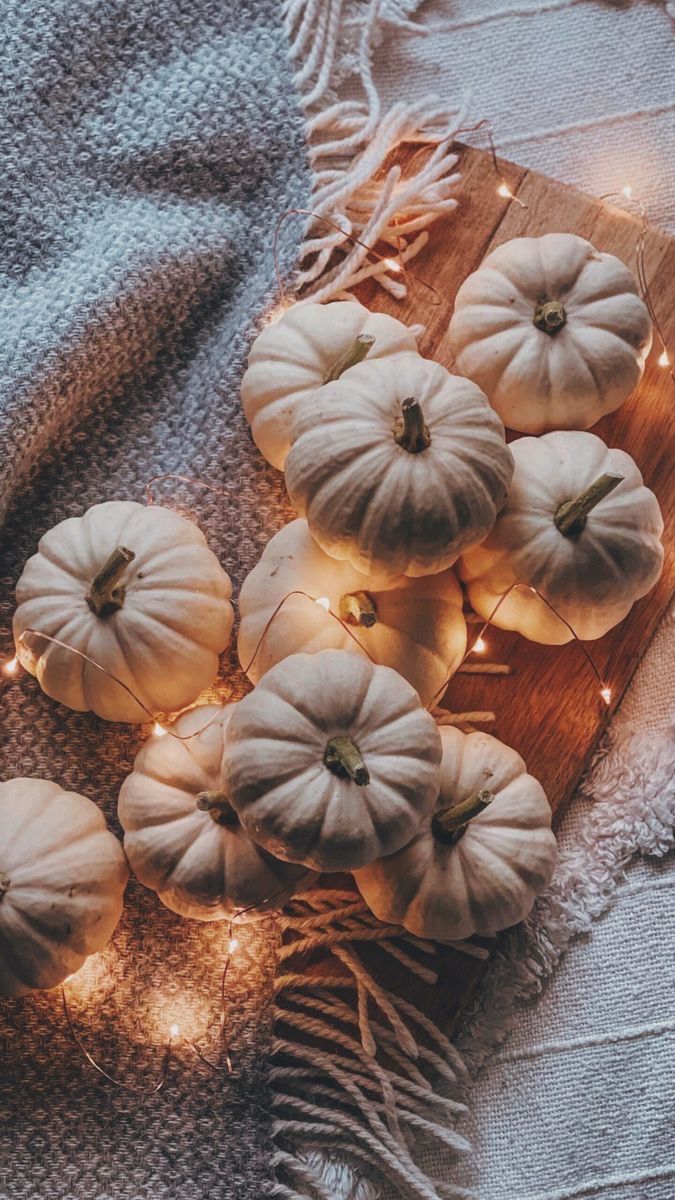 white pumpkins on a cutting board with fairy lights