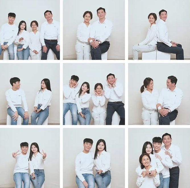 a collage of people posing for pictures in front of a white wall with their arms around each other