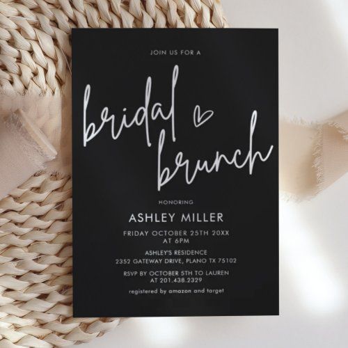 a black and white bridal brunch party card on top of a woven basket