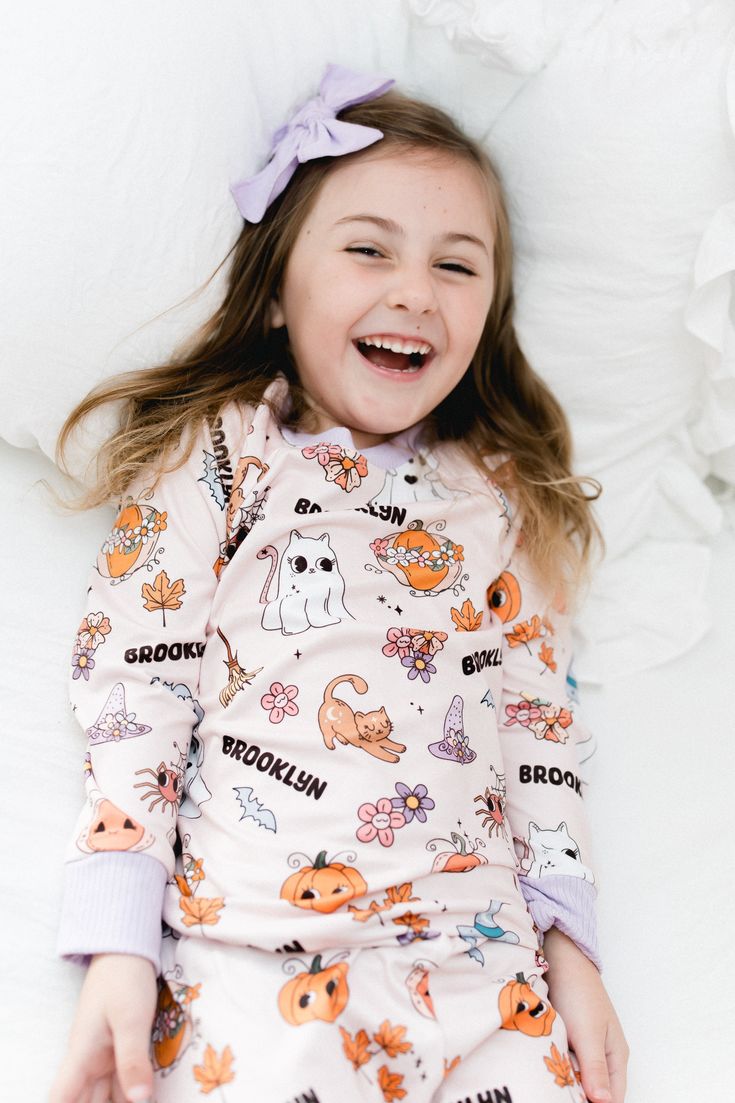 If cute ghosts and not-so-spooky Halloween prints are your thing, we have created the perfect pajamas for your girly girl. Made from stretchy, lightweight, buttery soft 100% Polyester fabric The print will not fade Snug fit for safety Completely CPSC Safety compliant See the matching Pillowcase that doubles as a trick or treat bag too!! Cute Long Sleeve Onesie For Pajama Party, Cute Orange Sleepwear For Loungewear, Cute Pajama Party Sets For Fall, Fun Long Sleeve Sleepwear For Pajama Party, Playful Onesie For Fall Loungewear, Cute Sleepwear For Pajama Party In Fall, Cute Sleepwear For Sleepover, Cute Fall Sleepwear For Pajama Party, Cute Long Sleeve Sets For Halloween