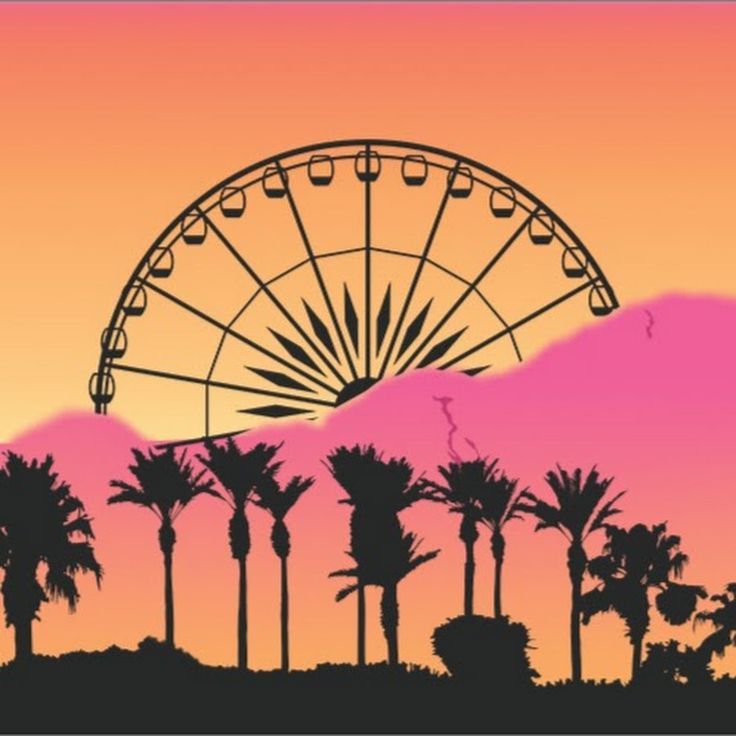 a ferris wheel with palm trees in the foreground and a pink sky behind it