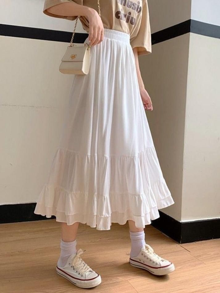 Elegant Ruffled Skirt - HouseofHalley Casual White Maxi Skirt With Ruffles, Trendy Solid Color Ruffled Skirt, Casual Ruffled Midi Skirt, Casual Ruffled Mini Skirt, Casual Ruffled Skirt For Spring, Casual Midi Skirt With Ruffles, Casual Ruffle Skirt For Spring, Casual Ruffled Skirt, Casual Tiered Skirt