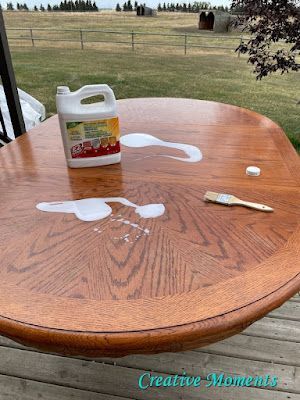 a wooden table with some paint on it and a bottle of glue next to it