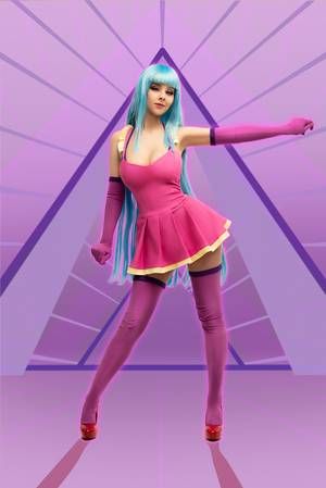 a woman with blue hair in a pink dress and purple tights is posing for the camera