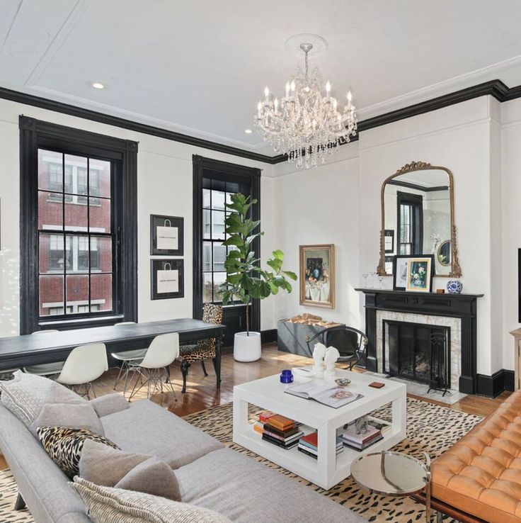 a living room filled with furniture and a fire place in the middle of a room