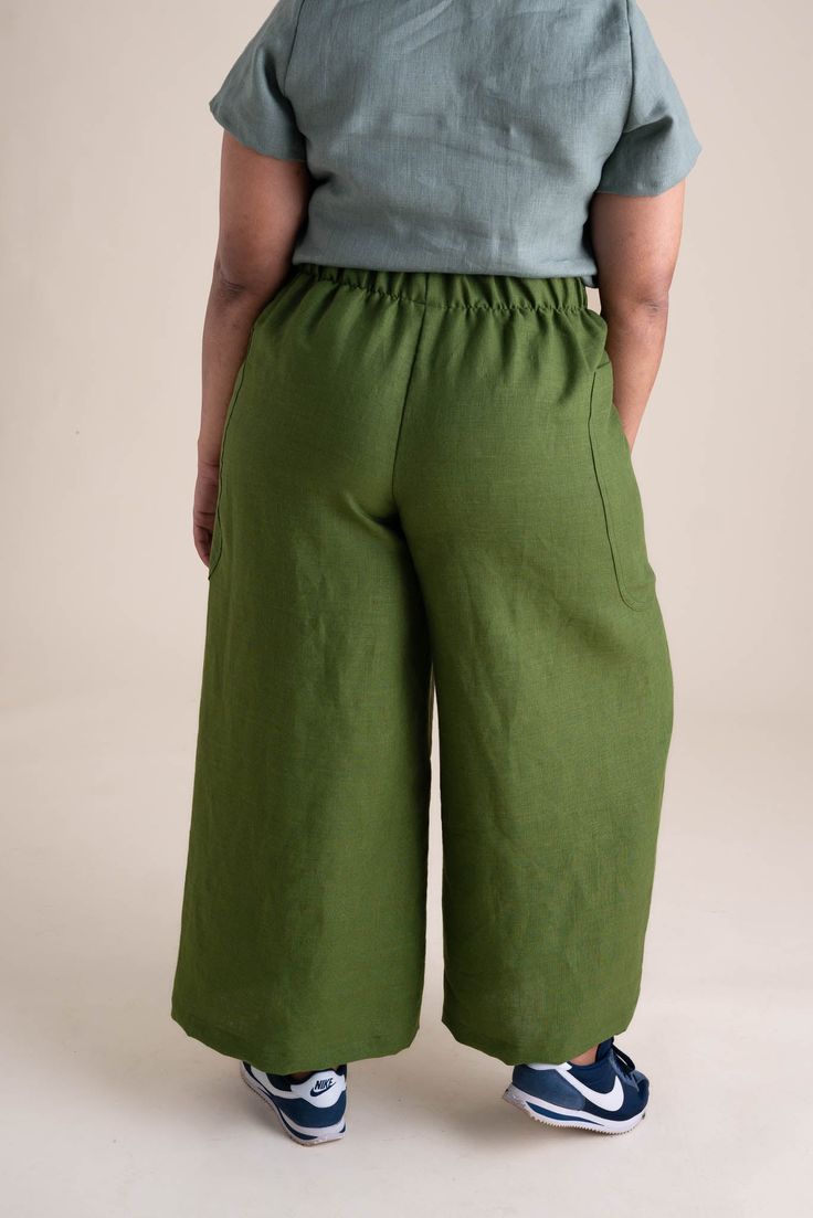 Born from the desire to eliminate waste in our production. Our Zero Waste Pant design allows for a pocket to be nested into the pant leg pattern pieces. Made from 100% linen that feels softer with washing. Green Wide-leg Bottoms With Patch Pockets, Green Wide Leg Bottoms With Patch Pockets, Linen Wide-leg Pants With Patch Pockets, Wide-leg Linen Pants With Patch Pockets, Spring Linen Pants With Hip Pockets, Flax Wide-leg Pants With Pockets, Relaxed Fit Linen Harem Pants With Pockets, Flax Colored Bottoms With Pockets, Green Linen Harem Pants With Elastic Waistband