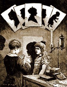 an old illustration of two children playing cards