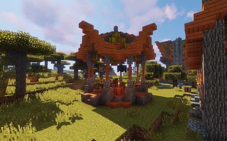 an image of a minecraft park with trees and bushes in the foreground on a sunny day