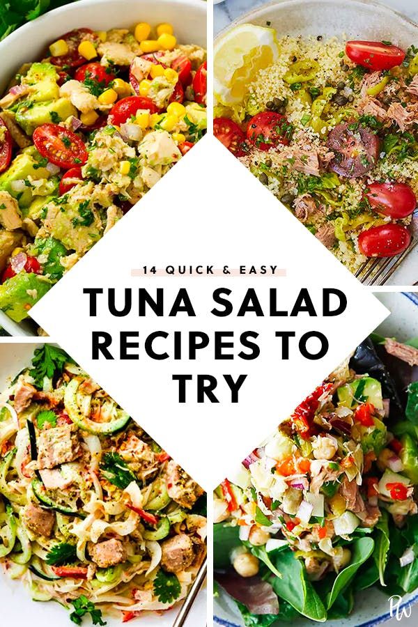 four pictures with the words tuna salad recipes to try in different languages and colors, including lemons, tomatoes, cucumbers, lettuce, corn, and more