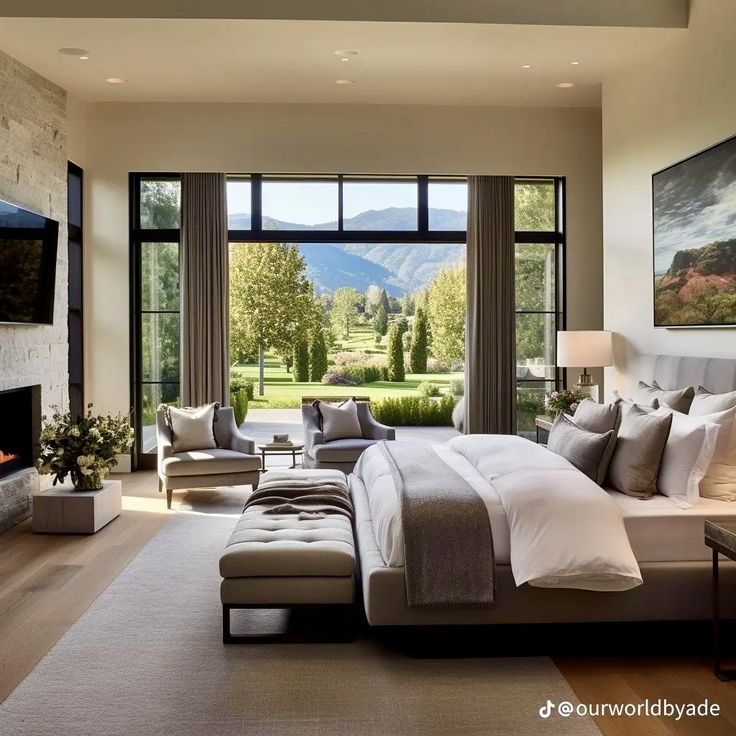 a large bed sitting in the middle of a living room next to a fire place