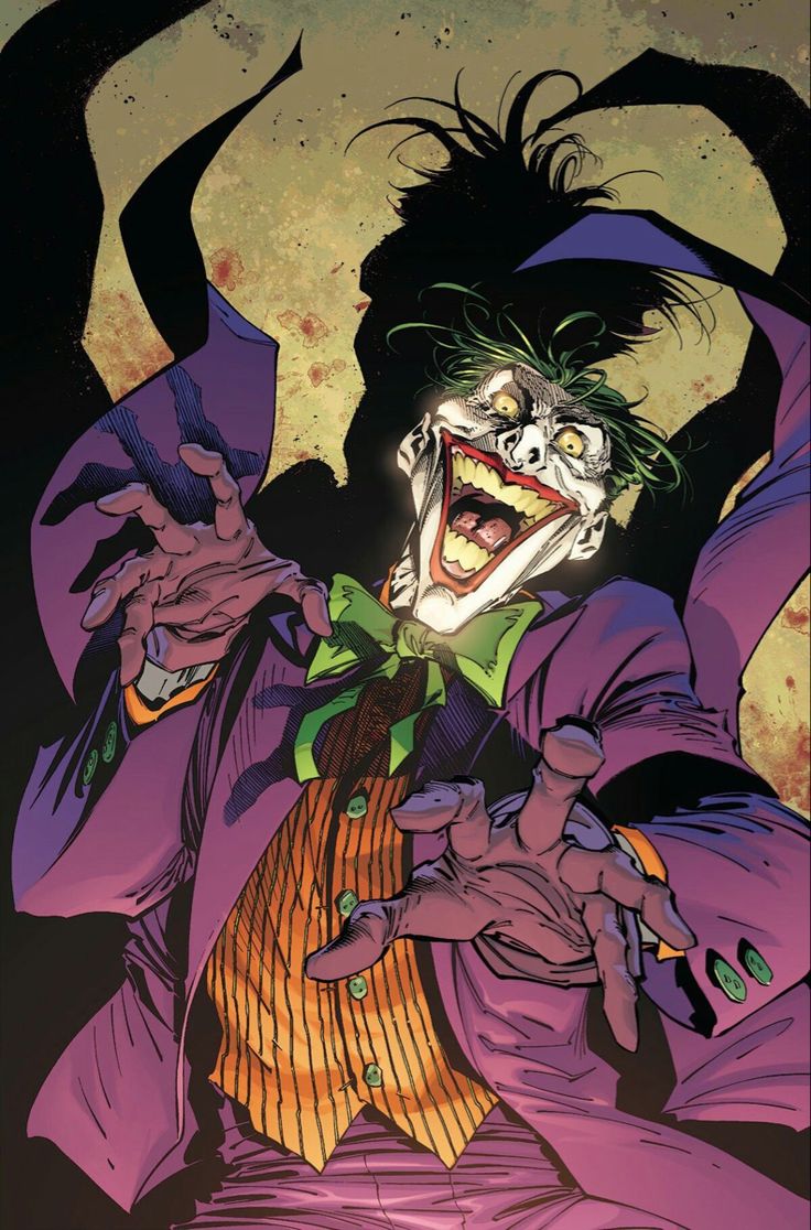 the joker is holding his hands up in front of him and looking like he's about