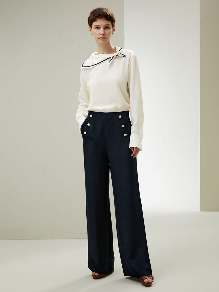 Nautically inspired, this sailor-styled blouse has a semi-fixed collar with navy blue stripe detailing. This pullover can be worn as a casual and laid-back piece that can be worn to various events. Nautical Outfits For Women, Collar Shirts For Women, Sailor Outfit For Women, Silk Pajamas Women, Silk Clothes, Silk Nightwear, Camisole Set, Striped Midi Skirt, Silk Knit