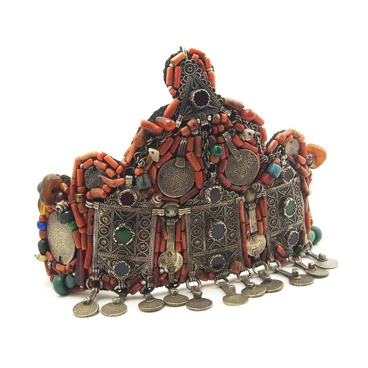 Berber Heirloom Coral Dowry Crown, A Size approx. 21" The crowns and the ornaments of chest are Berber jewels which date from the 50s they are worn during wedding ceremony, marriage, their origin is the region of Tiznit - Souss valley - south of Morocco Ceremonial Vintage Jewelry With Historical Design, Vintage Ceremonial Jewelry With Historical Design, Handmade Vintage Jewelry For Traditional Ceremonies, Traditional Beaded Headpieces For Festive Occasions, Traditional Beaded Headpieces For Weddings, Traditional Beaded Wedding Headpieces, Traditional Wedding Necklace With Historical Design, Vintage Multicolor Jewelry For Rituals, Bohemian Beaded Ceremonial Headpiece