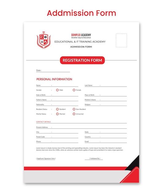 a red and white registration form with the words,'application form'in it