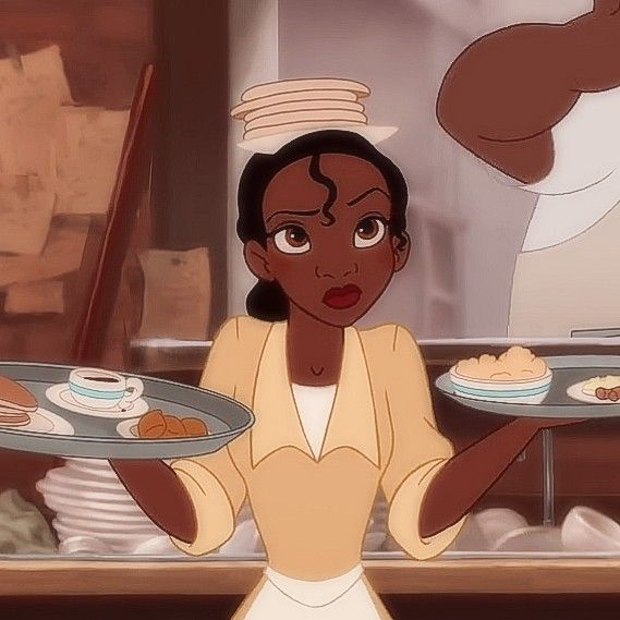 the princess and the frog is holding two plates with food on them in front of her