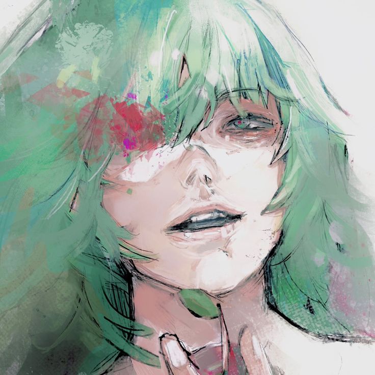 a drawing of a woman with green hair