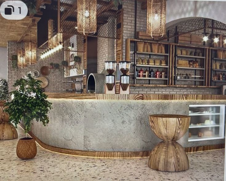 an artistic rendering of a bar with stools and potted plants