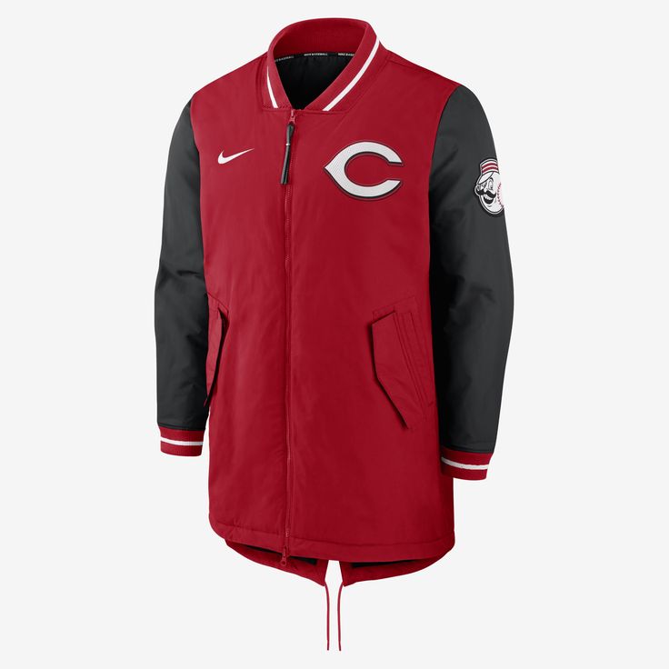 Featuring team graphics on the chest and sleeve, the Nike Dugout (MLB Cincinnati Reds) Jacket is built with an extended torso and an adjustable drawstring at the back. Its water-resistant twill fabric helps provide proper outdoor coverage in inclement conditions. Casual Outerwear With Team Logo For Sports Events, Sporty Red Outerwear For Game Day, Red Sporty Outerwear For Game Day, Nike Outerwear For Sports Events, Nike Fall Outerwear For Sports Events, Nike Outerwear For Sports Events In Fall, Nike Track Jacket For Sports Events, Sporty Outerwear With Team Logo For Sports, Sporty Team Logo Outerwear For Sports