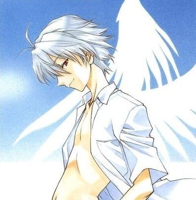 an anime character with white hair and blue eyes, standing in front of a bird