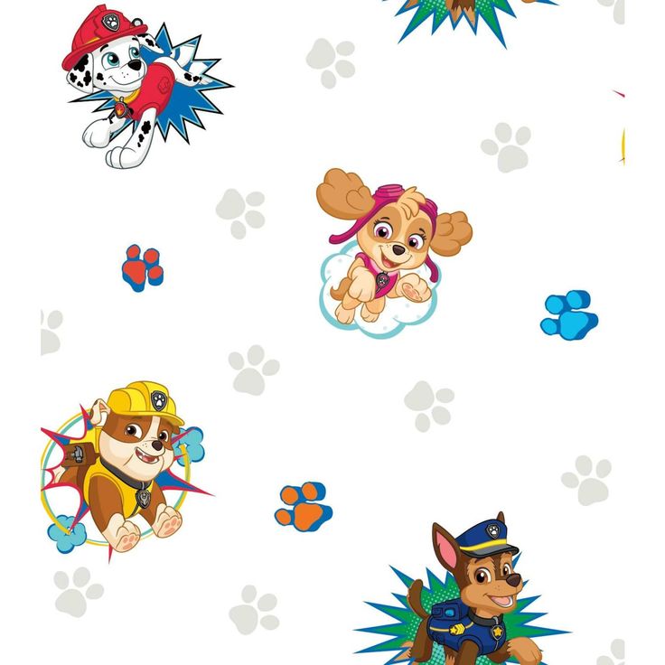 several cartoon dogs and paw prints on a white background