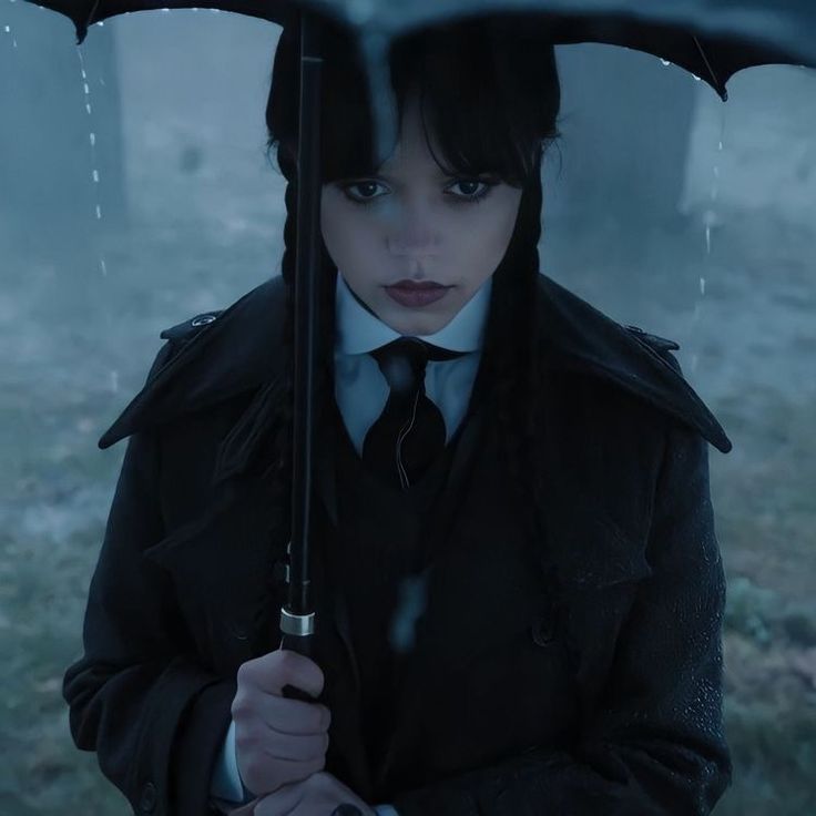 a woman holding an umbrella in the rain with her face partially obscured by it's coat