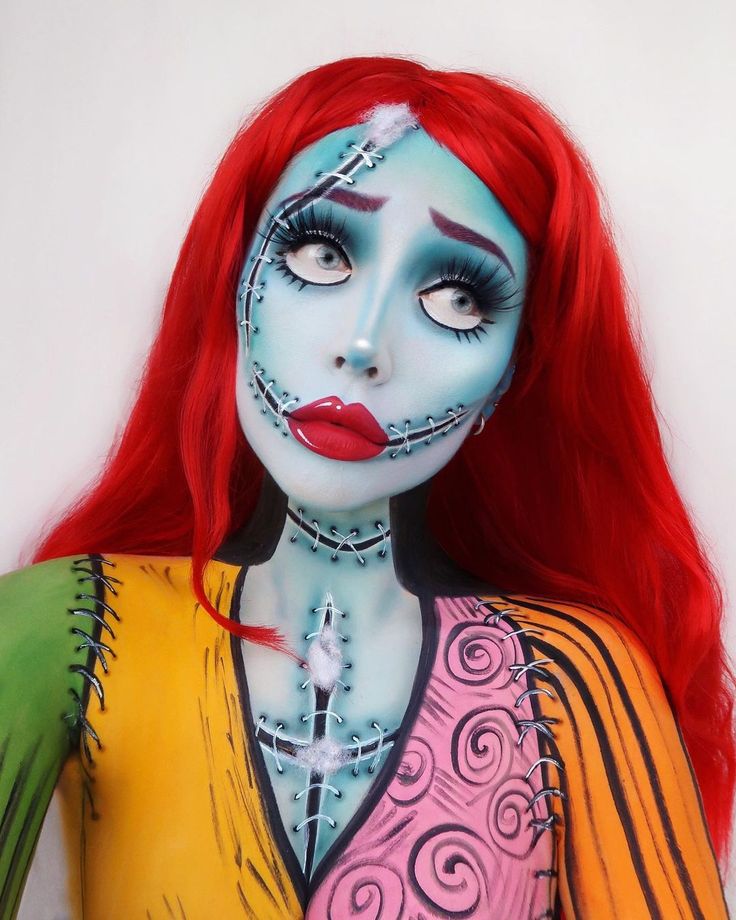 G i n a B o x ♡ on Instagram: “Sally ❤️ Nightmare Before Christmas . I’ve been so exited to create Sally all halloween 😍I got inspo from @mua_theresa to add stuffing to…” Sally Halloween Costume, Sally Makeup, Nightmare Before Christmas Costume, Sally Costume, Holloween Makeup, Creepy Halloween Makeup, Cute Halloween Makeup, Sally Nightmare, Sally Nightmare Before Christmas