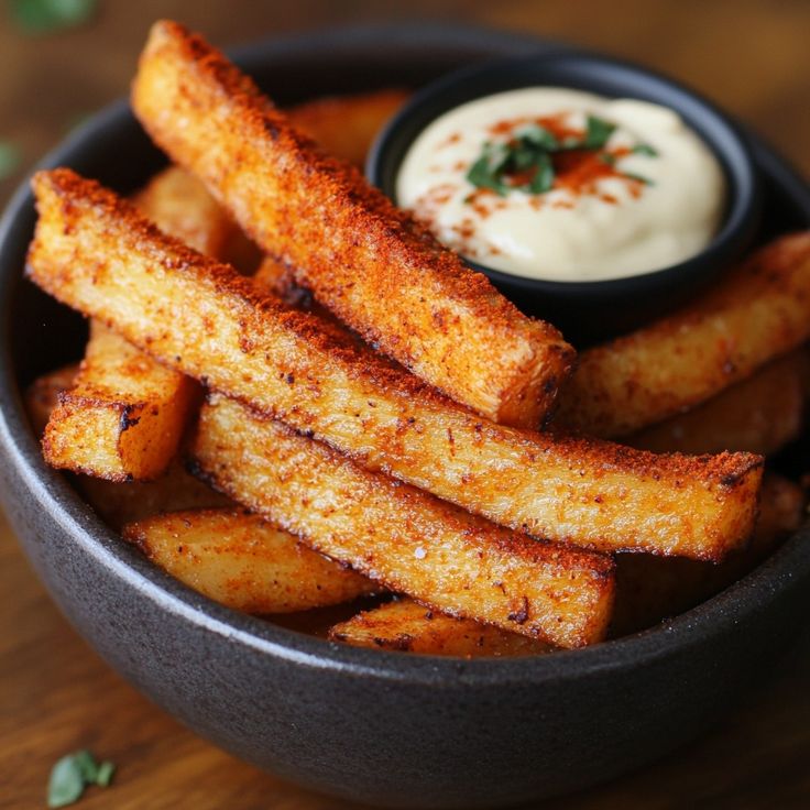 french fries in a bowl with dip on the side