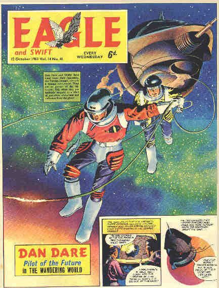 an old comic book cover with two people on skis in the air and one person holding