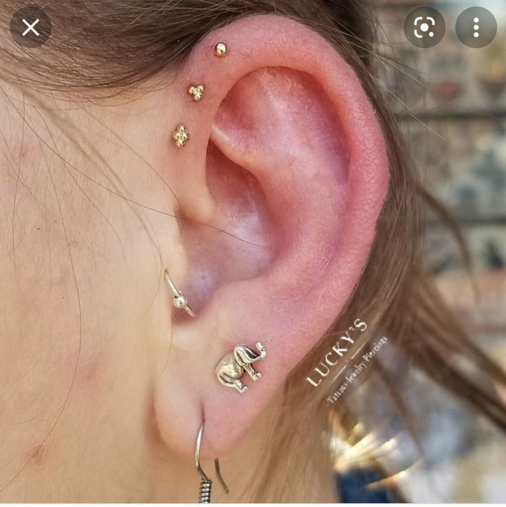 a woman wearing three different ear piercings on her left ear and one with an elephant