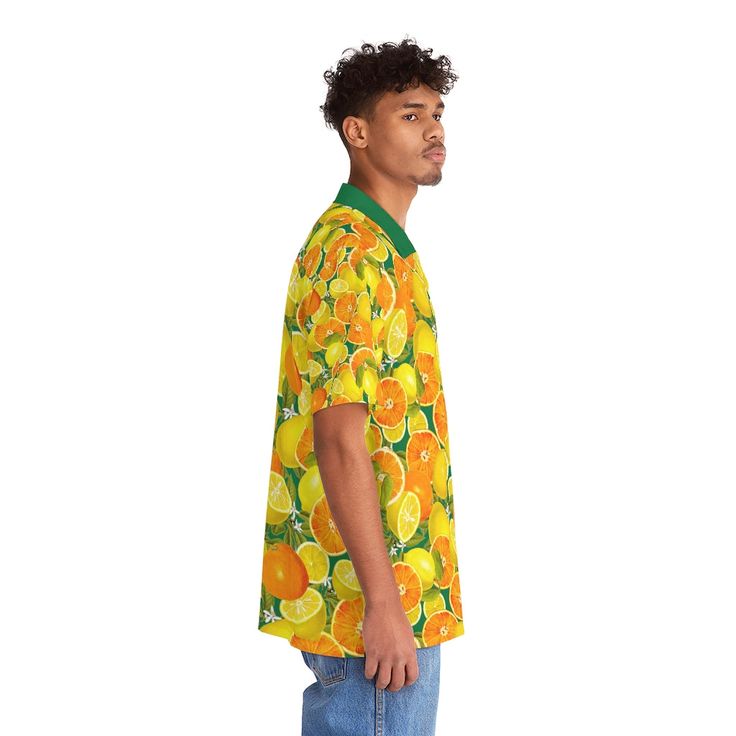 Nothing says "I love summer" like a Hawaiian shirt. Made to have a boxy fit and a notch lapel collar that are perfect for any laidback scenario, these shirts come with a handy chest pocket and a 95% polyester and 5% spandex fabric for silky comfort. .: Material: 95% polyester, 5% spandex.: Medium fabric (7.23 oz/yd²(245 g/m²)).: Boxy fit.: Chest pocket S M L XL 2XL Length, in 28.35 29.33 30.31 31.30 32.28 Width, in 20.47 22.44 24.41 26.38 28.35 Yellow Collared Camp Shirt For Summer, Orange Collared Camp Shirt For Summer, Summer Graphic Print Top With Polo Collar, Yellow Polo Collar Shirt For Summer, Summer Short Sleeve Polo Shirt With Relaxed Fit, Yellow Collared Polo Shirt For Summer, Yellow Polo Shirt With Collar For Summer, Graphic Print Polo Collar Top For Summer, Green Johnny Collar Shirt For Summer