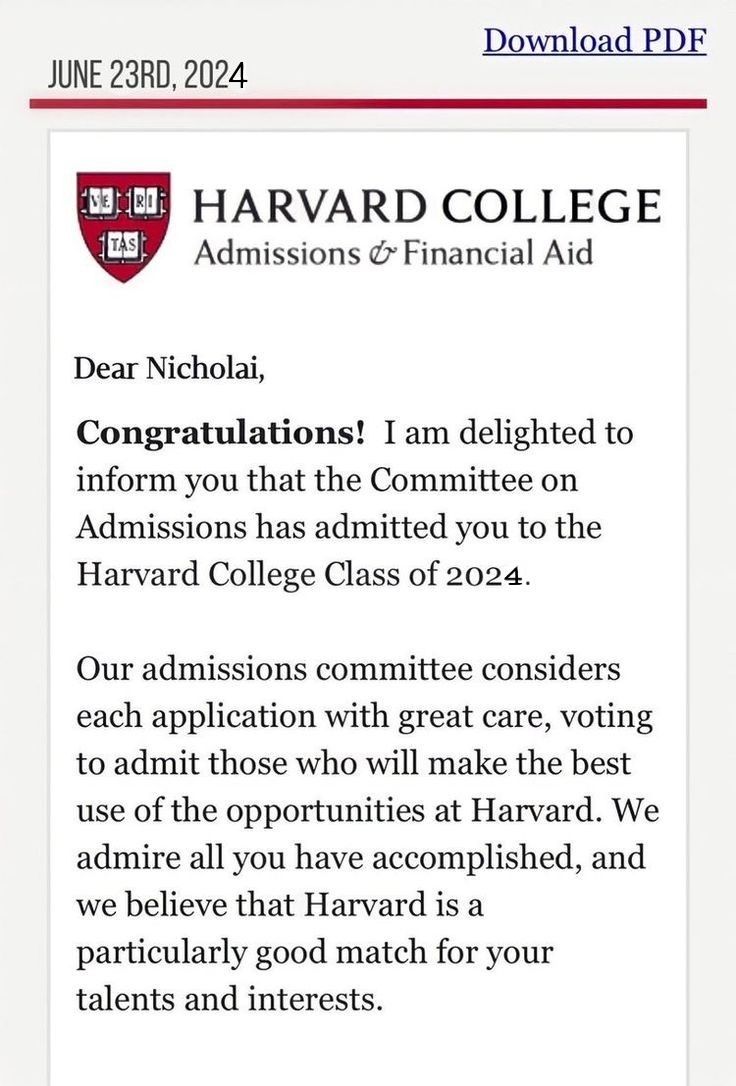 the harvard college application is shown in this screenshote photo, which appears to be an email message