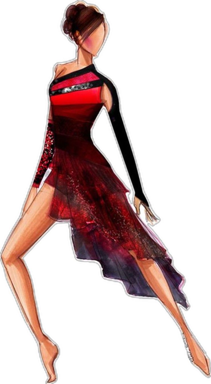 a drawing of a woman in a red and black dress with her legs spread out