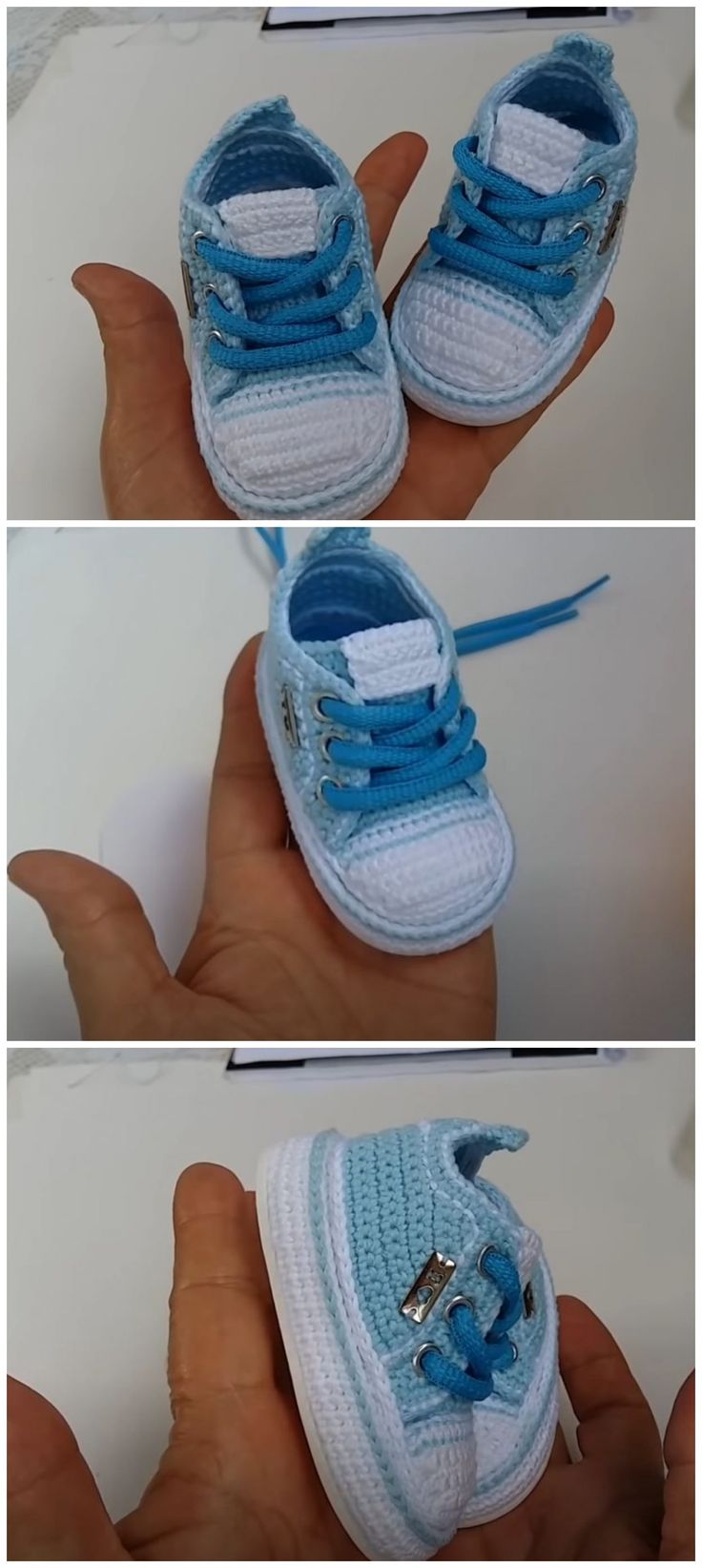 two pictures of someones hand holding a crocheted baby shoe in blue and white