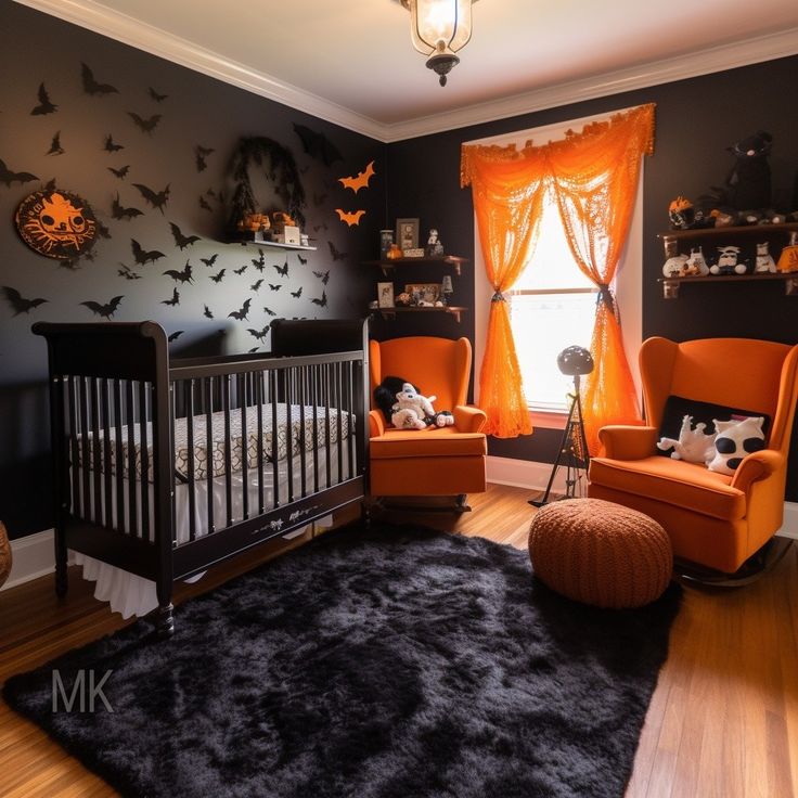 a baby's room decorated in black and orange with bats on the wall, crib, chair, rug, and window