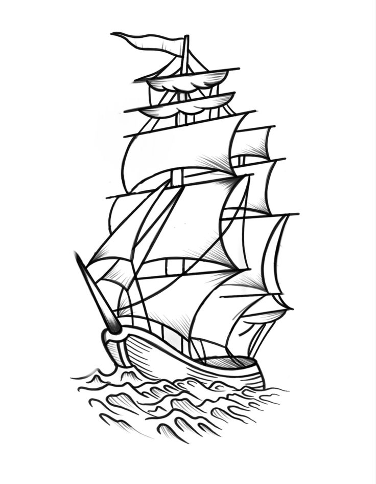 a black and white drawing of a ship in the ocean