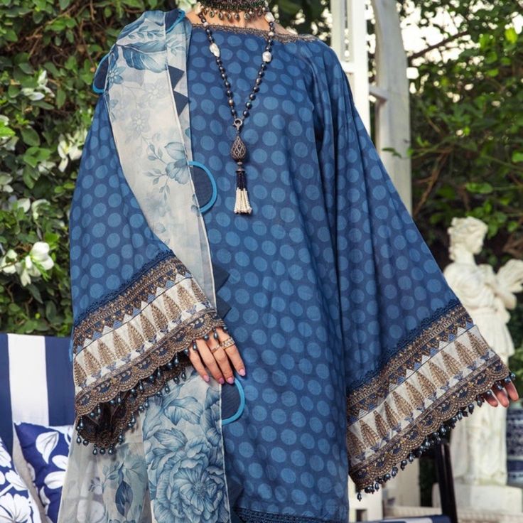 Xl 3 Piece Mprint Lawn Salwarkaneez Xl Semi-stitched Blue Digital Print Salwar Kameez, Blue Partially Stitched Unstitched Suit For Spring, Blue Printed Cotton Salwar Kameez, Blue Digital Print Long Sleeve Salwar Kameez, Blue Long Sleeve Salwar Kameez With Digital Print, Blue Long Sleeve Digital Print Salwar Kameez, Blue Cotton Unstitched Suit With Digital Print, Blue Printed Unstitched Salwar Kameez, Traditional Blue Printed Salwar Kameez