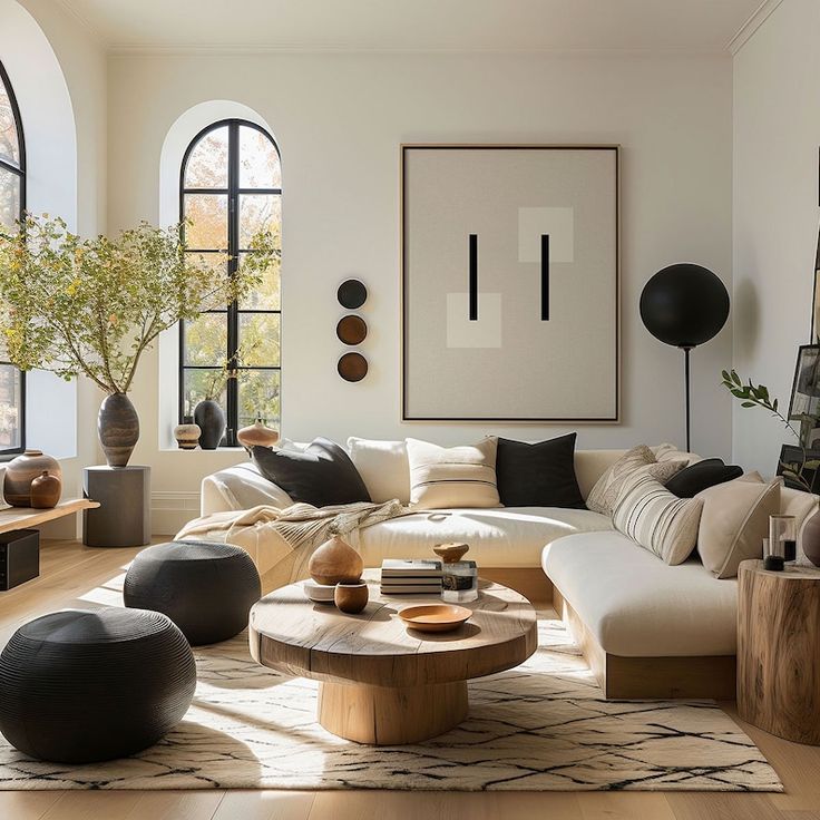 a living room filled with lots of furniture and large windows in front of the wall